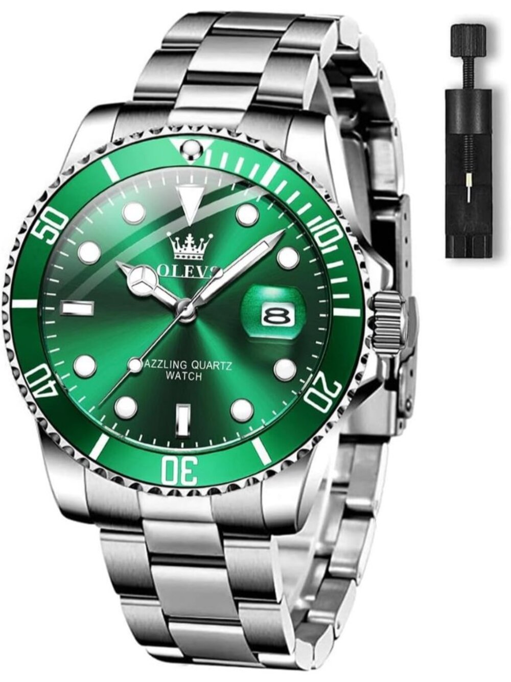 Men's Green Premium Silver Stainless Analog Rotatable Bezel Date Steel Watch